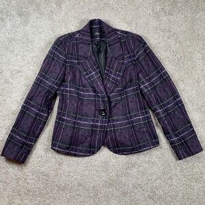 TRIBAL Purple Plaid One Button Blazer Short Jacket‎ Wool Blend Women's Size 6